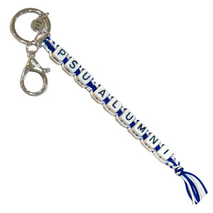blue and white keychain with split ring, lobster claw, and beads that spell PSU Alumni